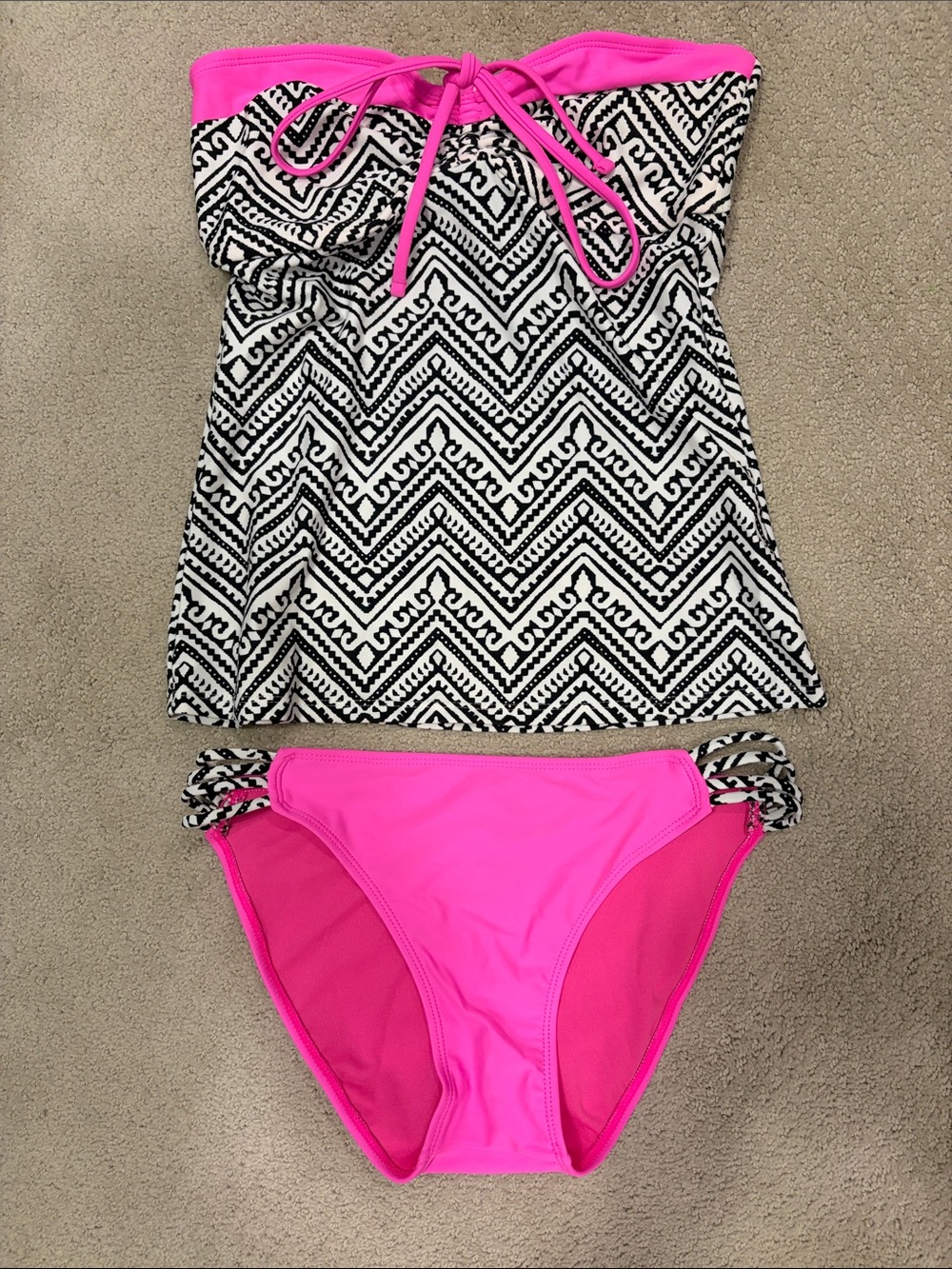 Arizona Jean Company Black & White Chevron Tankini with Hot Pink Trim